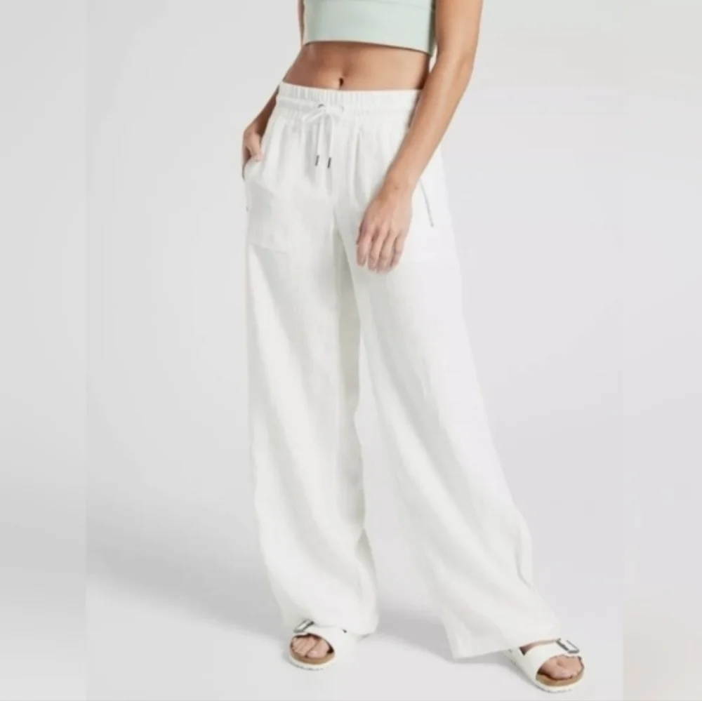 Athleta Cabo 100% Linen Wide Leg Pants Elastic waist Zip pockets, White, size 0 - Picture 4 of 15
